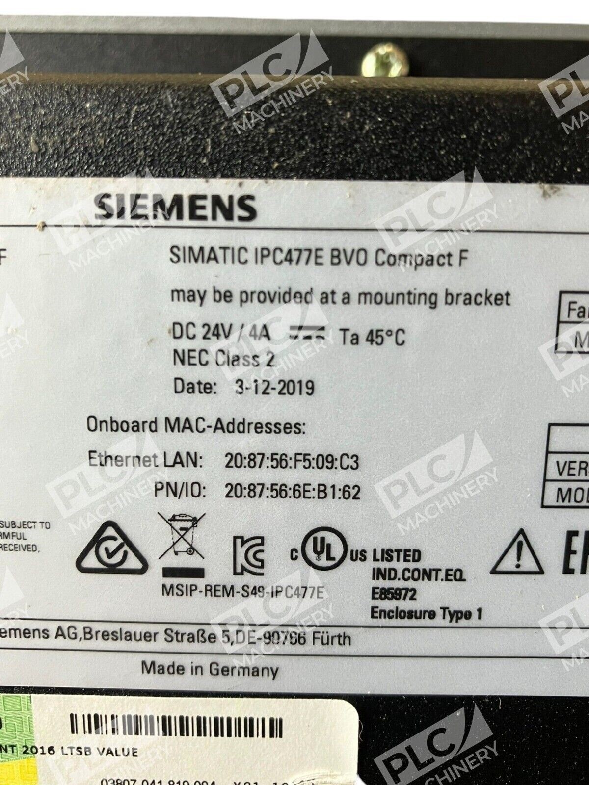 Siemens 6AV7245-6BA00-0AT0 Simatic HMI IPC477E BVO Compact F - Image 4