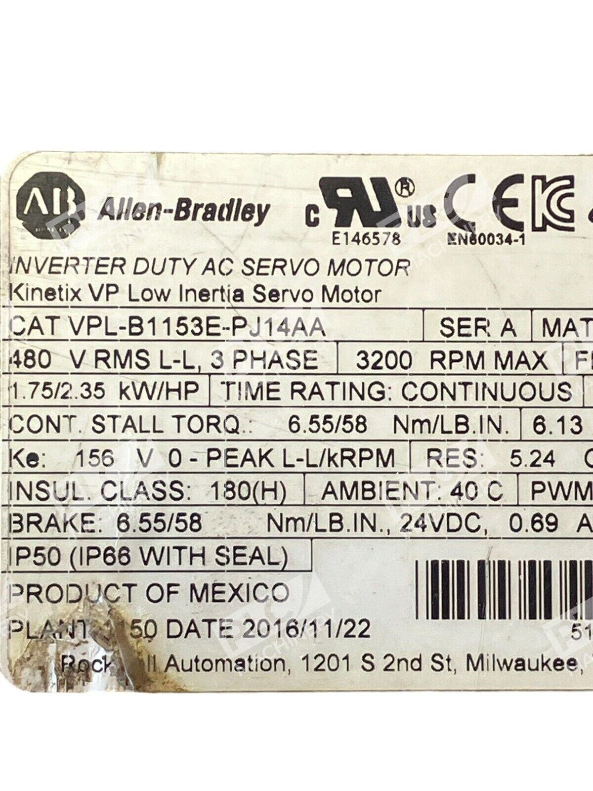 Allen Bradley Inverter Duty AC Servo Motor VPL-B1153E-PJ14AA /A - Image 4