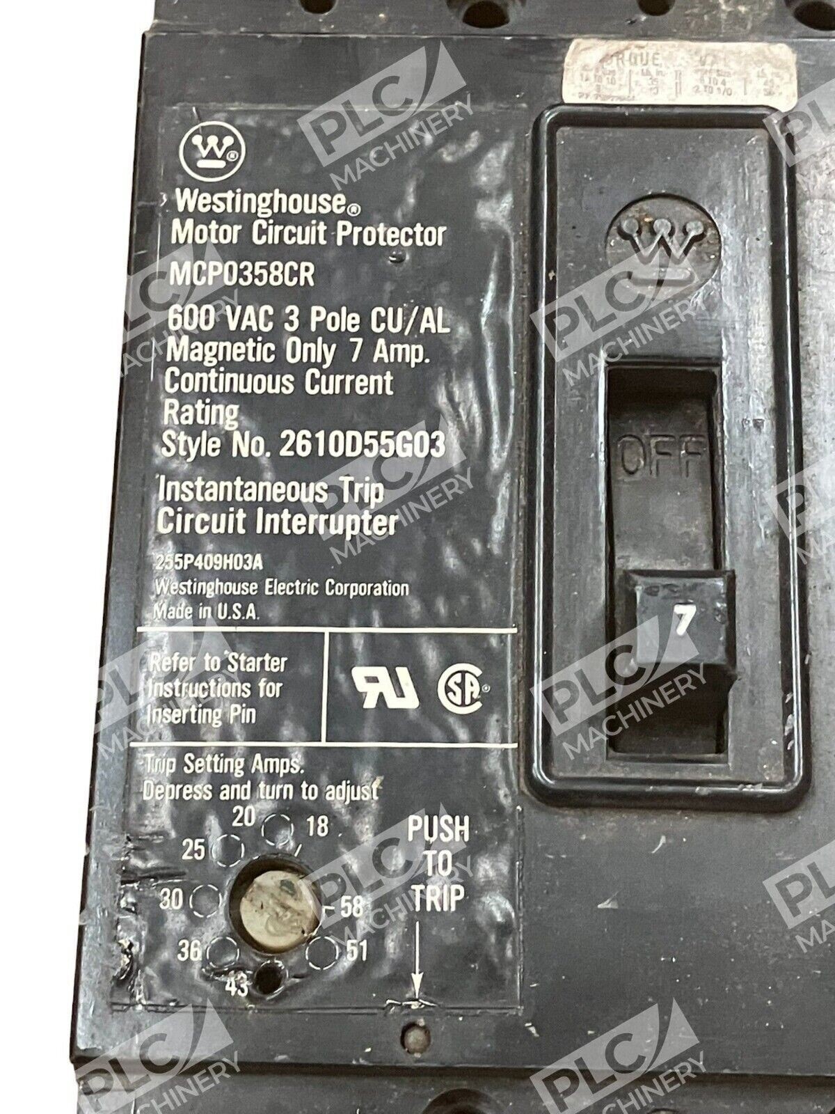 Westinghouse MCP0358CR Motor Circuit Breaker 7A 600VAC 3 Pole - Image 3