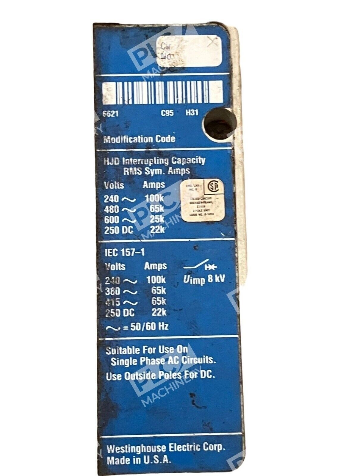 Westinghouse HJD3250F Industrial Circuit Breaker Series C 250A 3 Pole 1491D82G03 - Image 4
