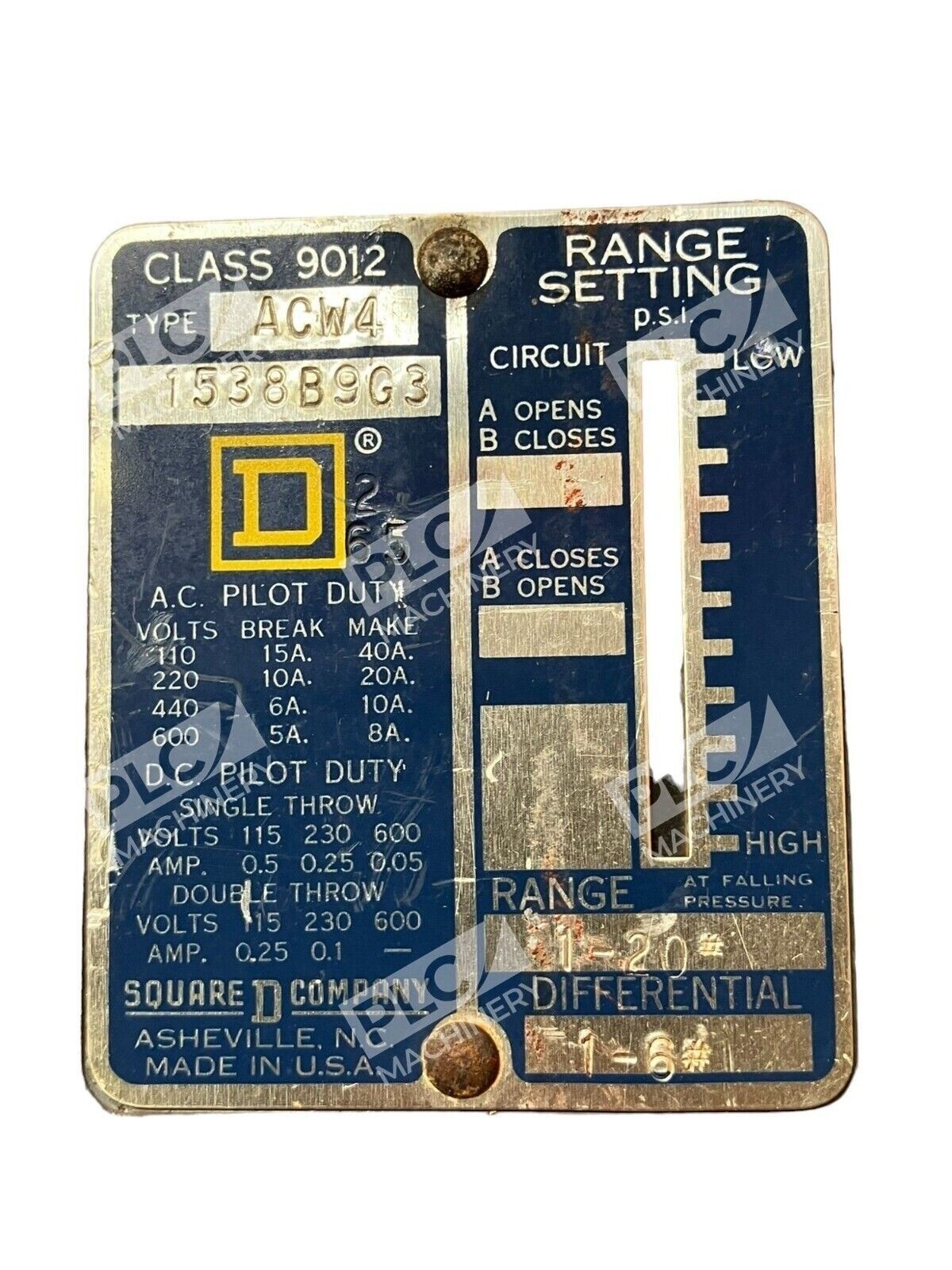 Square D 9012-ACW4 Pressure Switch 1-20PSI 1538B9G3 - Image 3