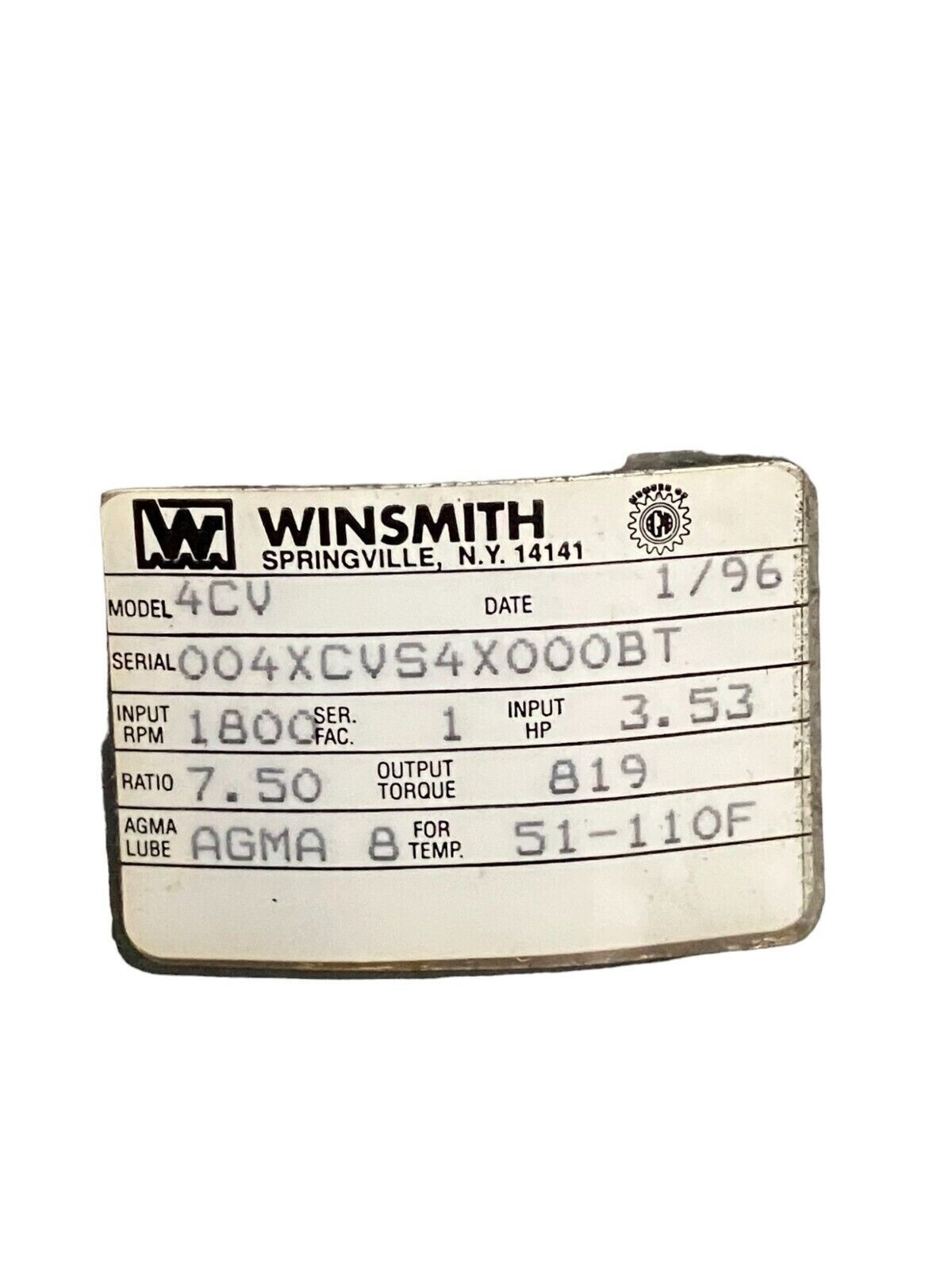 Winsmith 4CV Ratio7.50 InputRPM1800 InputHP3.53 OutputTorque819 - Image 5