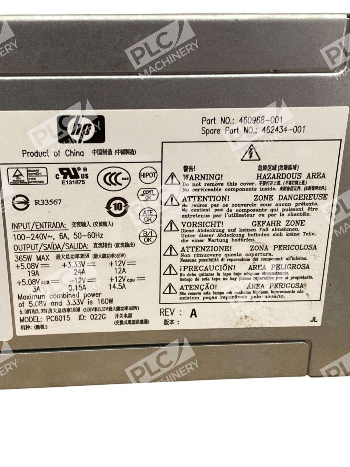 HP Hewlett Packard 365W PC6015 Power Supply 460968-001 - Image 8