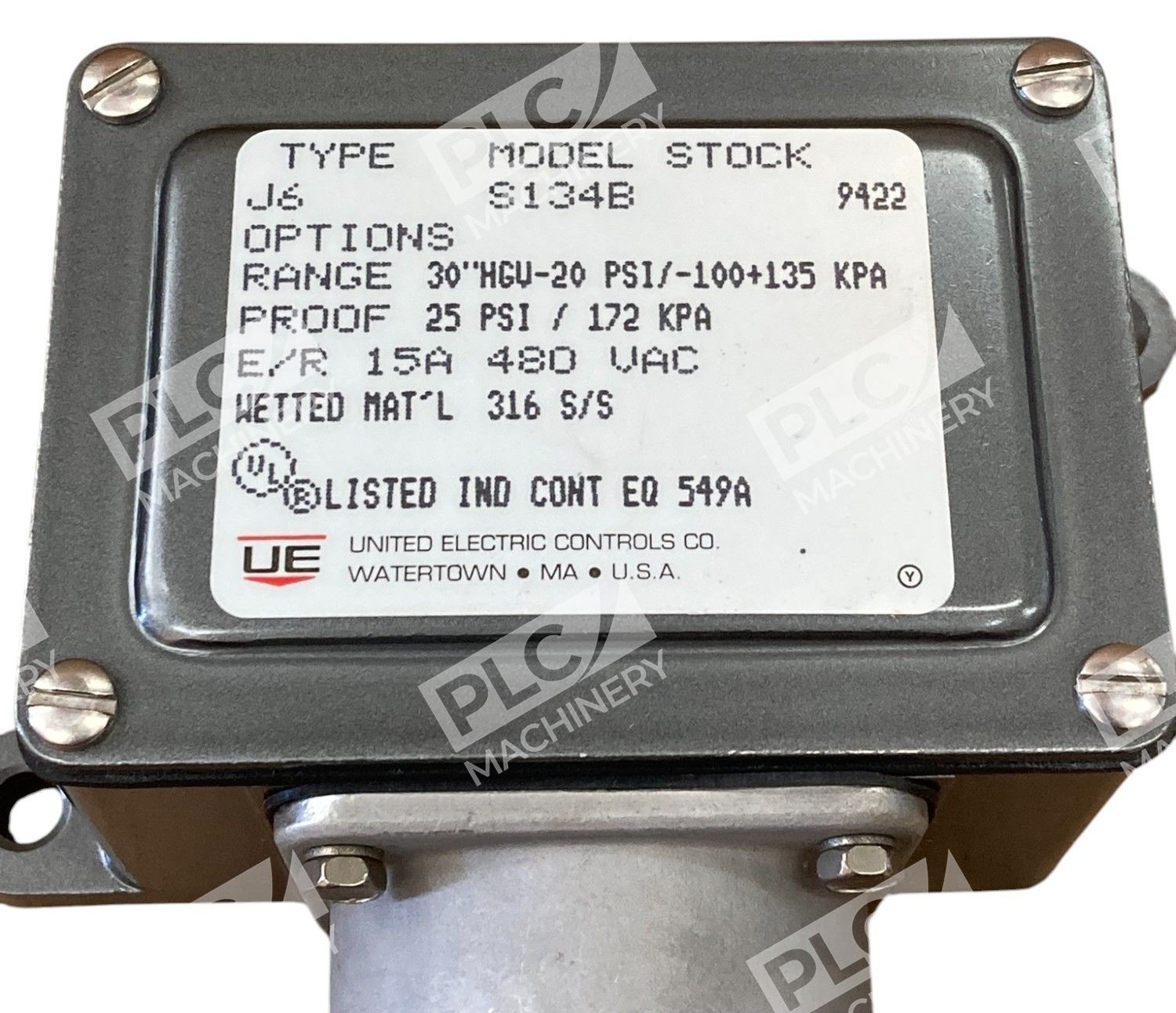 United Electric UE 15A 480VAC 30"HGV-20 PSI 25PSI Pressure Switch J6 S134B - Image 8