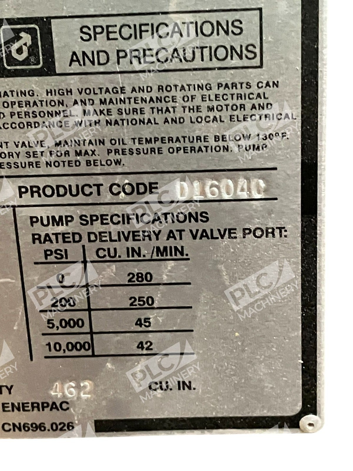Enerpac D1604C CN682.026 1HP 115V 19.5A 60Hz 1Phase Hushh-Pup Pump PER2032 - Image 15