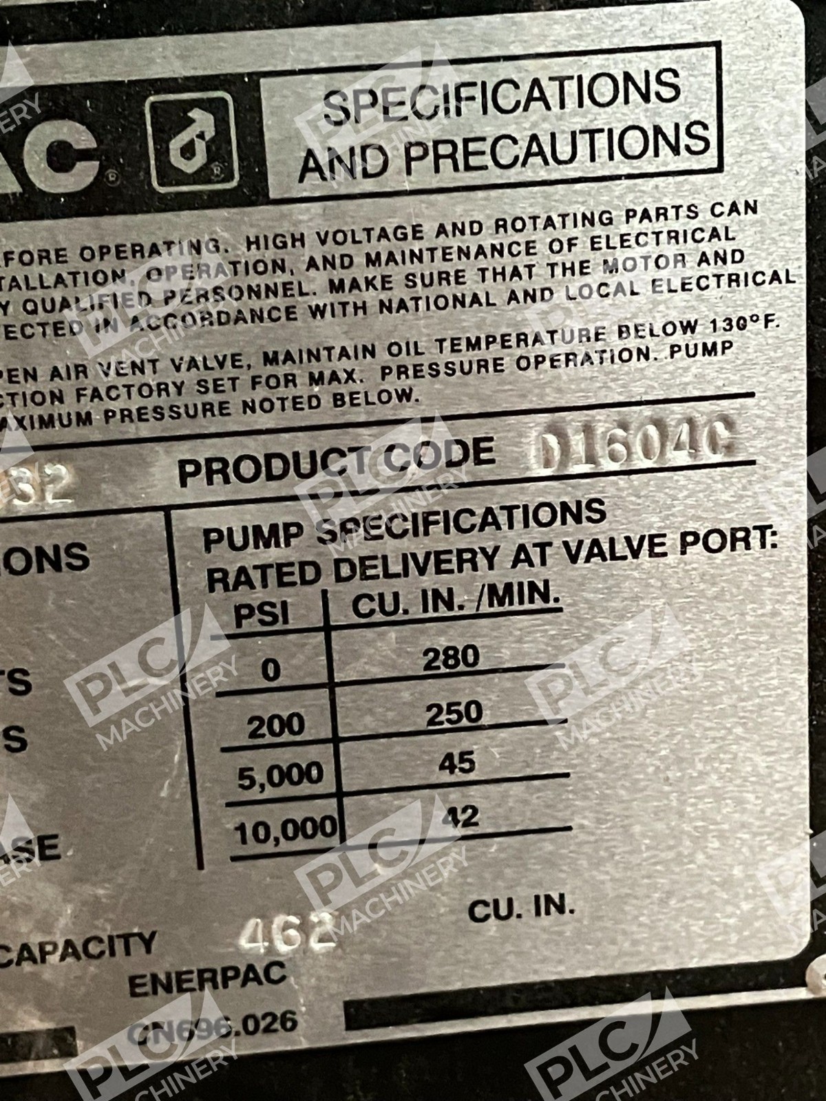 Enerpac D1604C CN682.026 1HP 115V 19.5A 60Hz 1Phase Hushh-Pup Pump PER2032 - Image 16