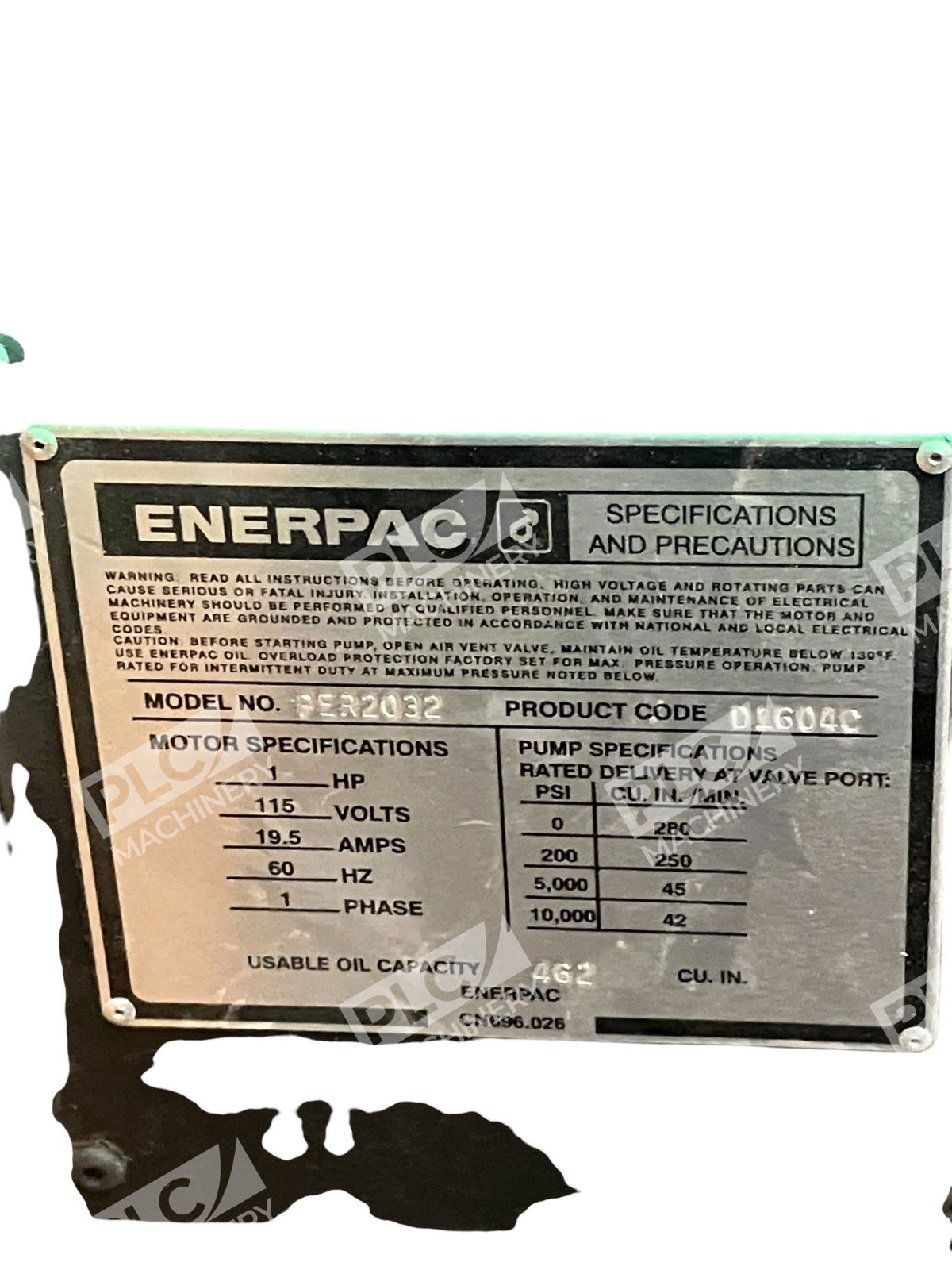 Enerpac D1604C CN682.026 1HP 115V 19.5A 60Hz 1Phase Hushh-Pup Pump PER2032 - Image 17
