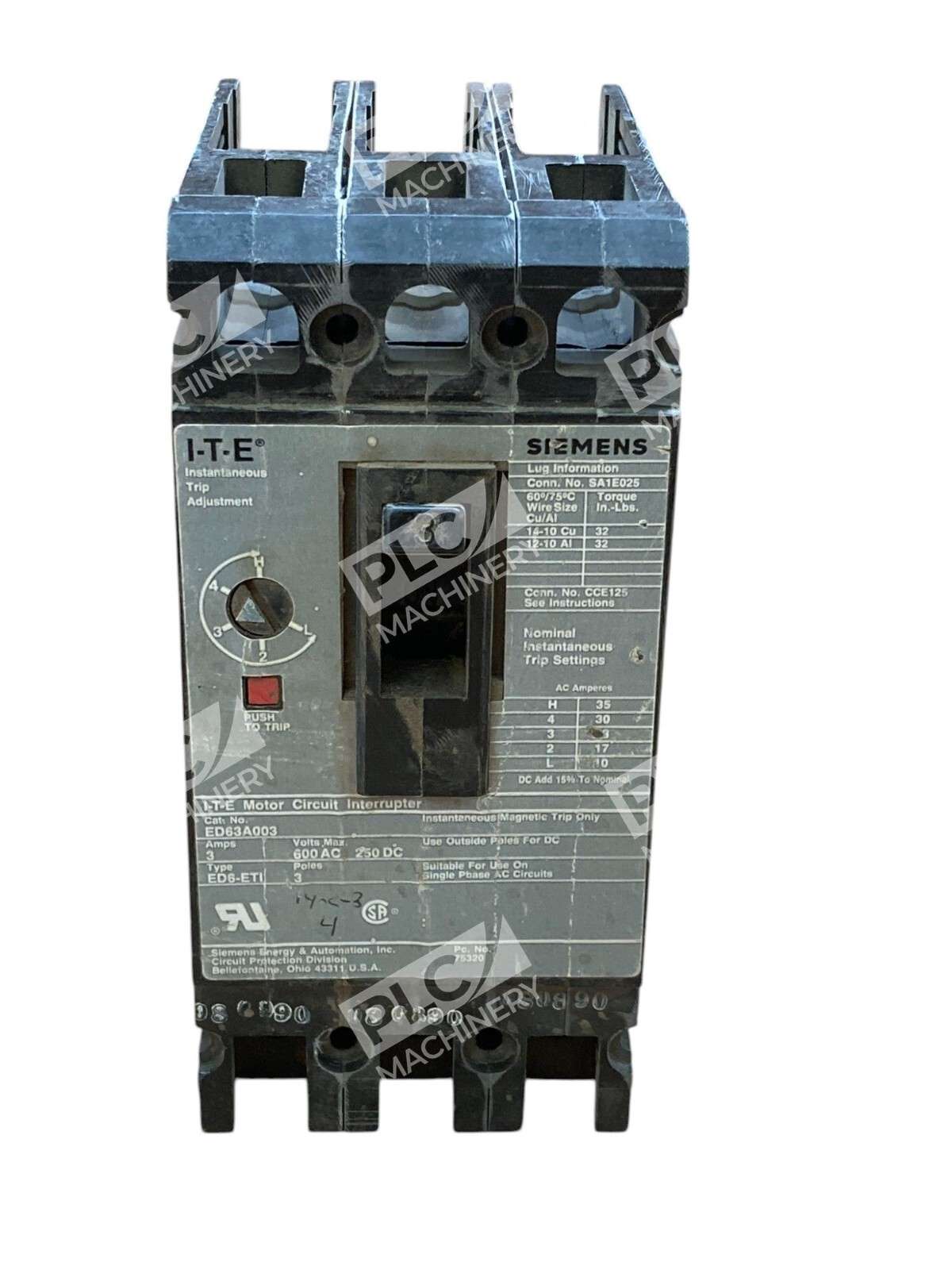 Siemens ED63A003 - Siemens ED63A003 3 Pole 3A 600VAC ITE Motor Circuit Interrup