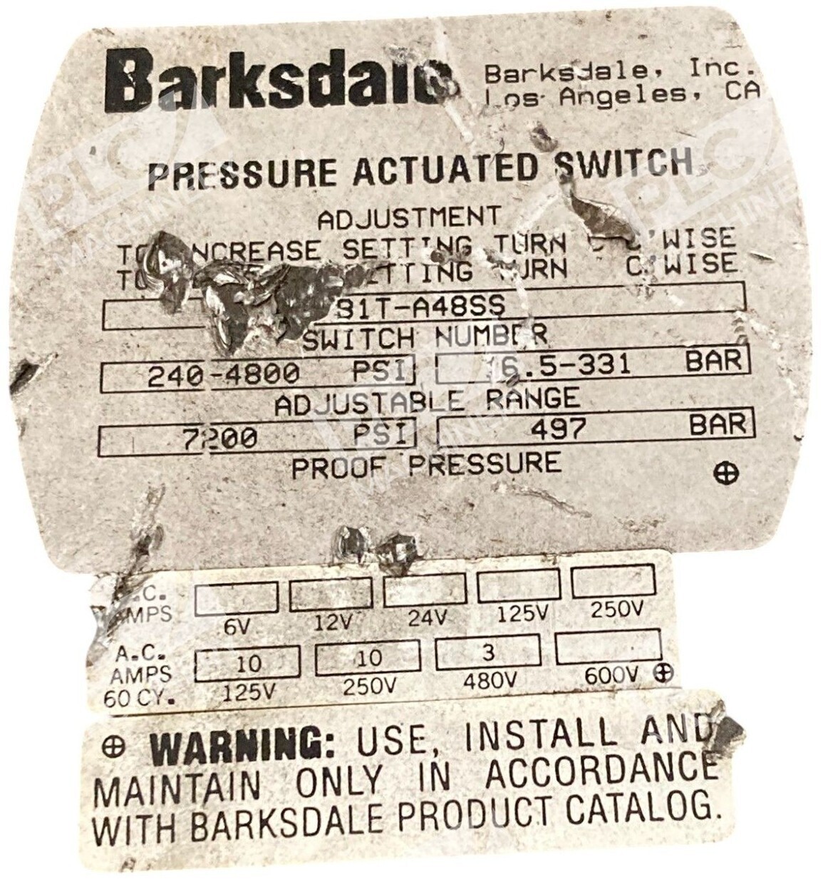 Barksdale 240-4800PSI 6.5-331BAR Pressure Actuated Switch B1T-A48SS - Image 3