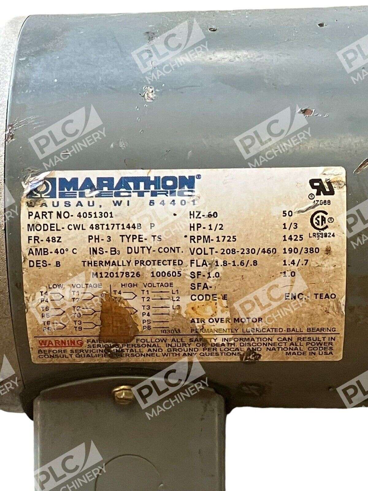 Marathon Electric 60Hz 1/2HP 3PH CWL 48T17T144B P 4051301 - Image 3