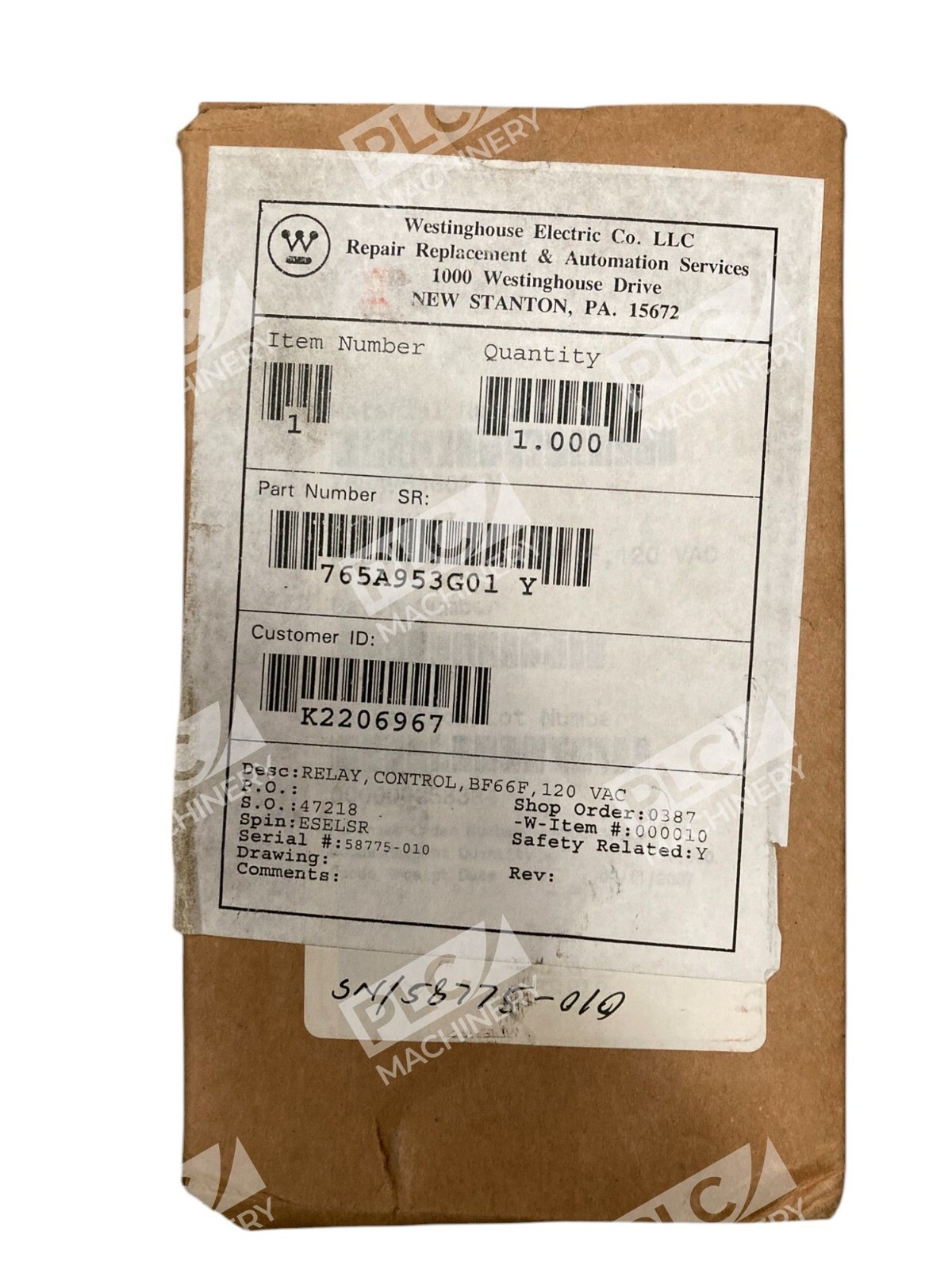 Westinghouse 765A953G01 - Westinghouse 120VAC BF66F Control Relay 765A953G01
