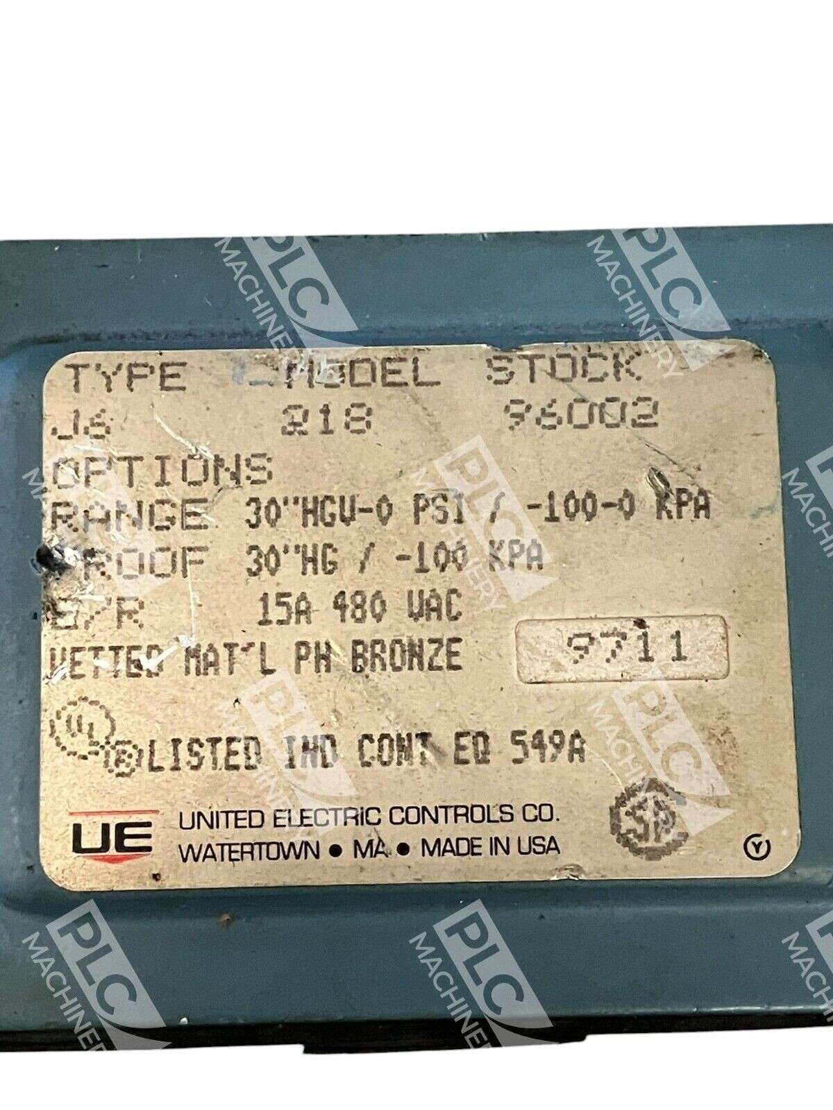 United Electric UE 96002 30" HGVAC-30PSI 480VAC 15A Pressure Switch J6-218 - Image 3
