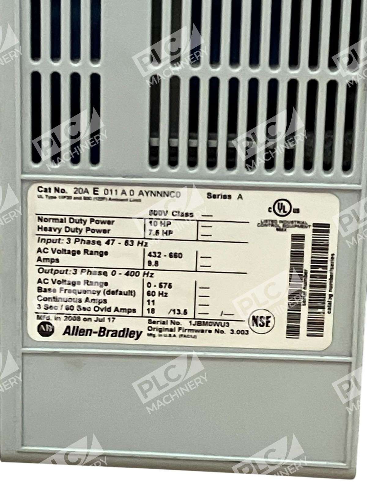 Allen-Bradley PowerFlex 70 VFD 20AE011A0AYNNNCO 600V 3-Phase 10HP 11A AC Drive - Image 4