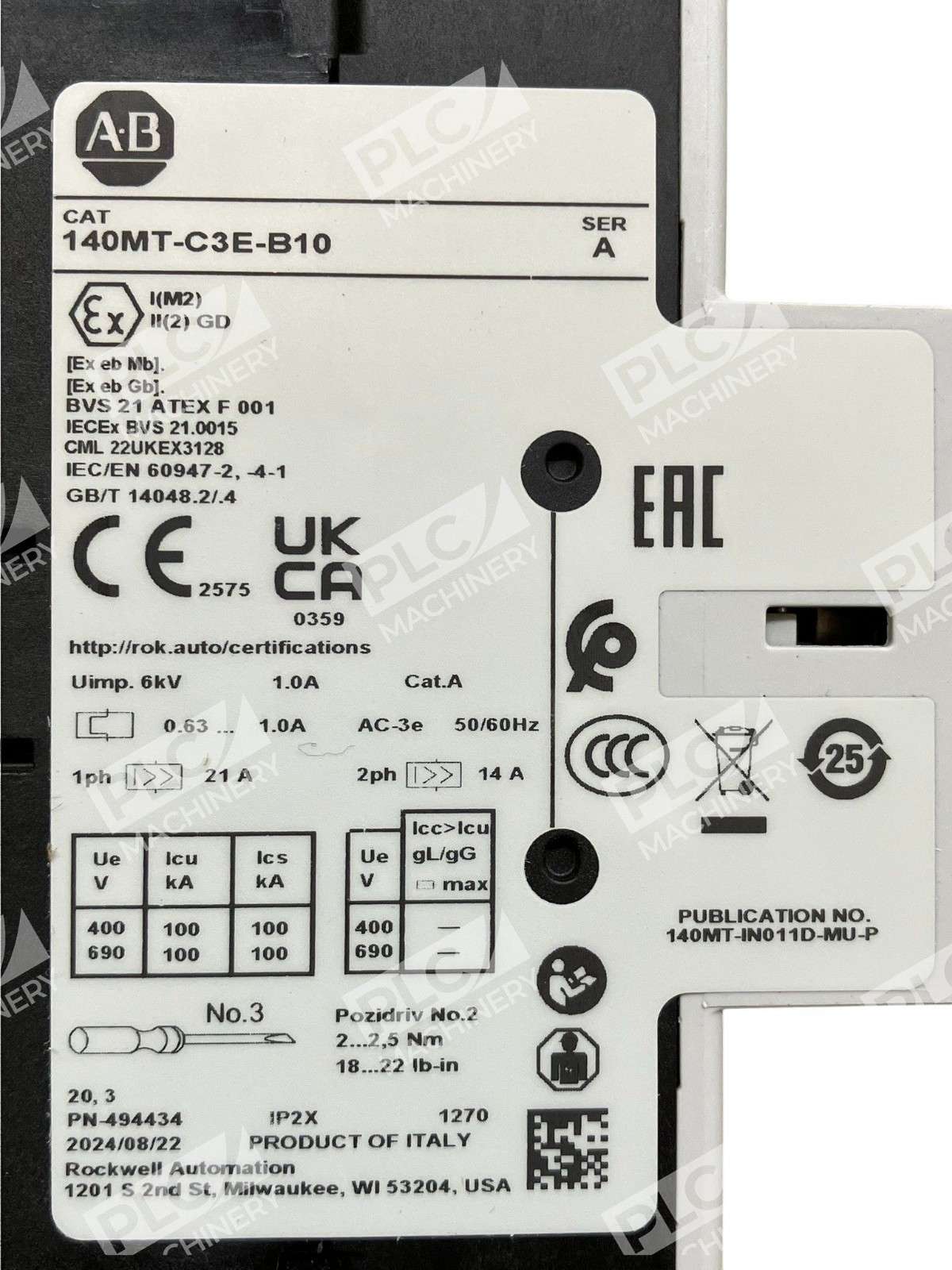 Allen Bradley 140MT-C3E-B10 Motor Protector Circuit Breaker 0.63-1A Series A - Image 4