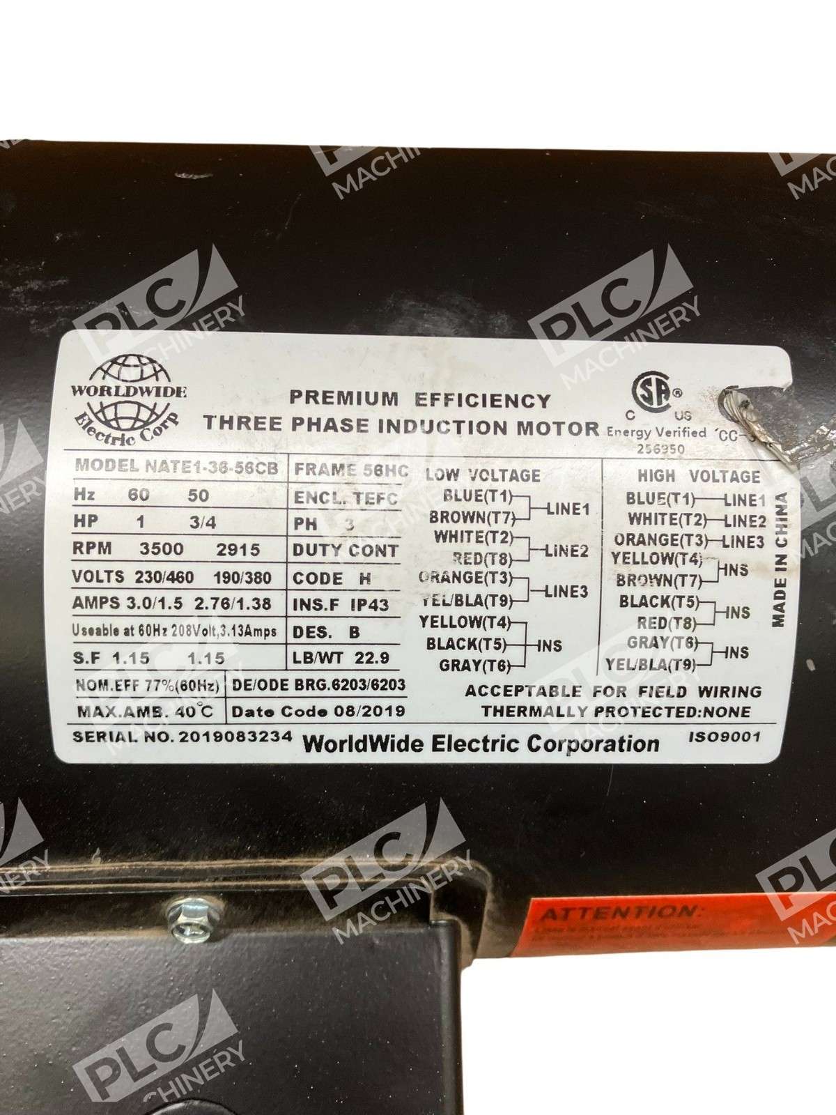 WorldWide Electric Corp Three Phase Induction Motor NATE1-38-56CB - Image 5