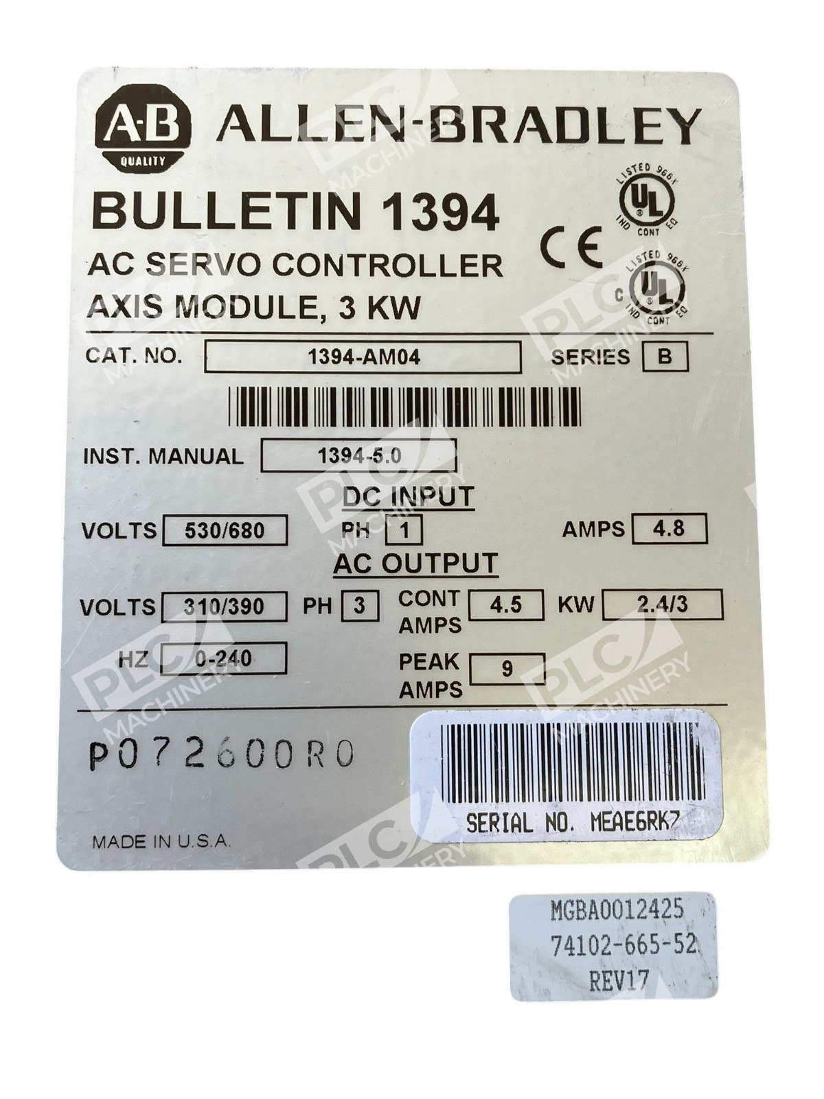 Allen Bradley AB 3kW AC Servo Controller Axis Module 1394-AM04 /B - Image 3