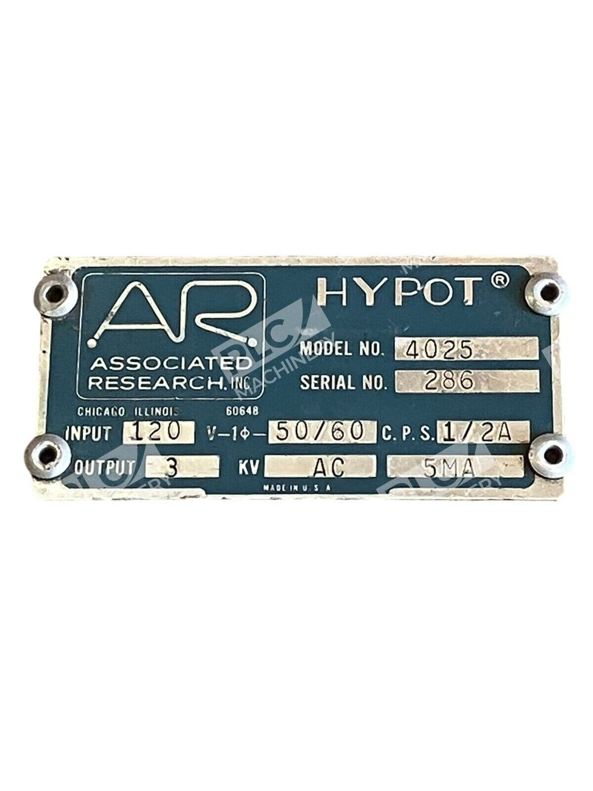 Associated Research AR 3KV AC 5MA Hypot Volt Meter Voltmeter 4025 - Image 4