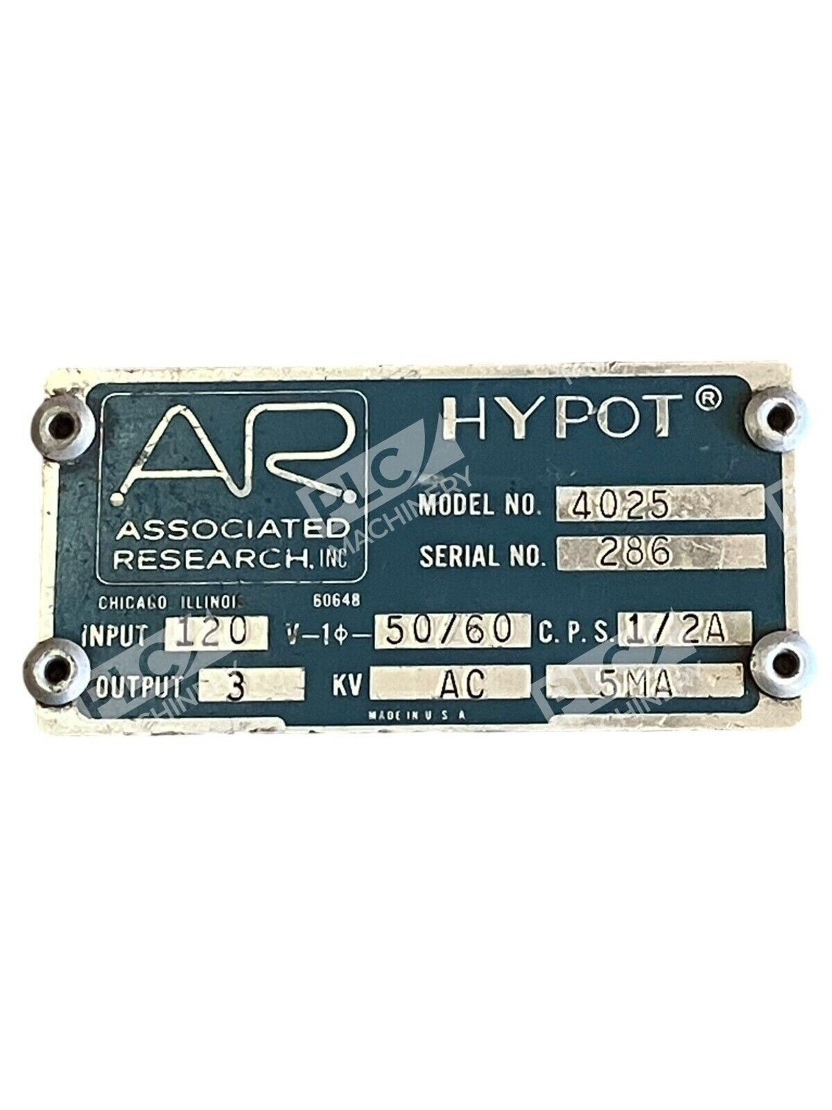 Associated Research AR 3KV AC 5MA Hypot Volt Meter Voltmeter 4025 - Image 3
