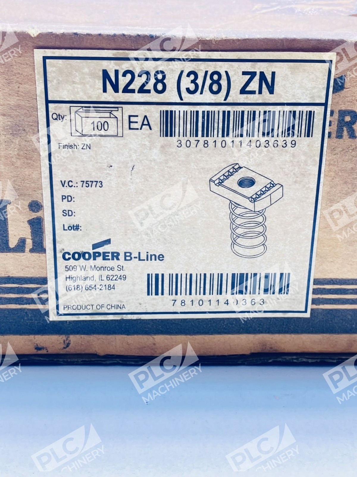 Cooper B-Line N228ZN 3/8" Spring Nut Channel Strut Box of 100