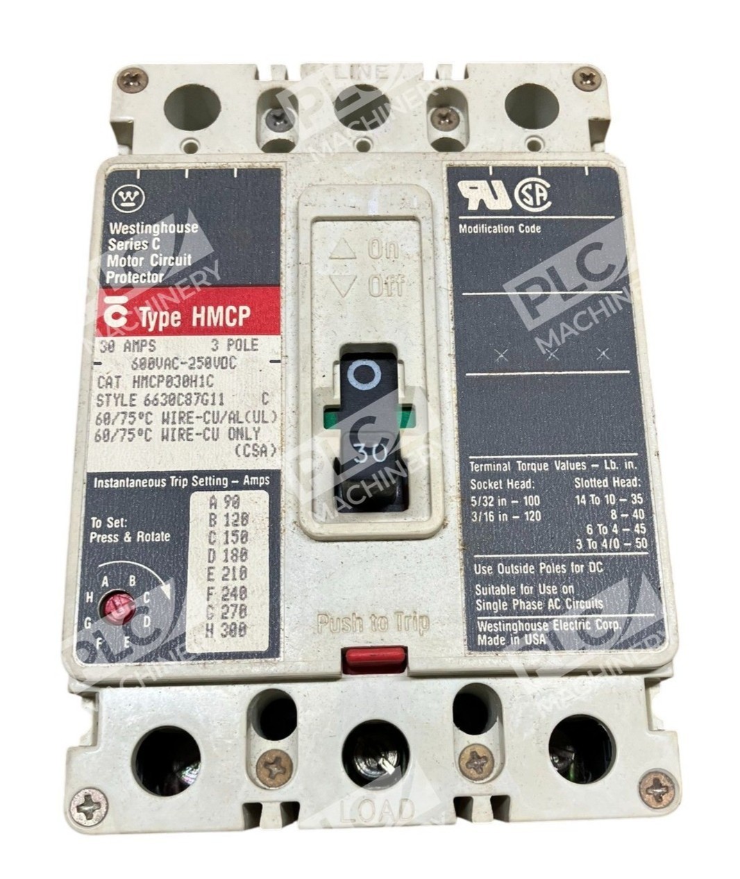 Westinghouse Electric Corp 3 Pole 30A 6630C87G11 Circuit Protector HMCP030H1C
