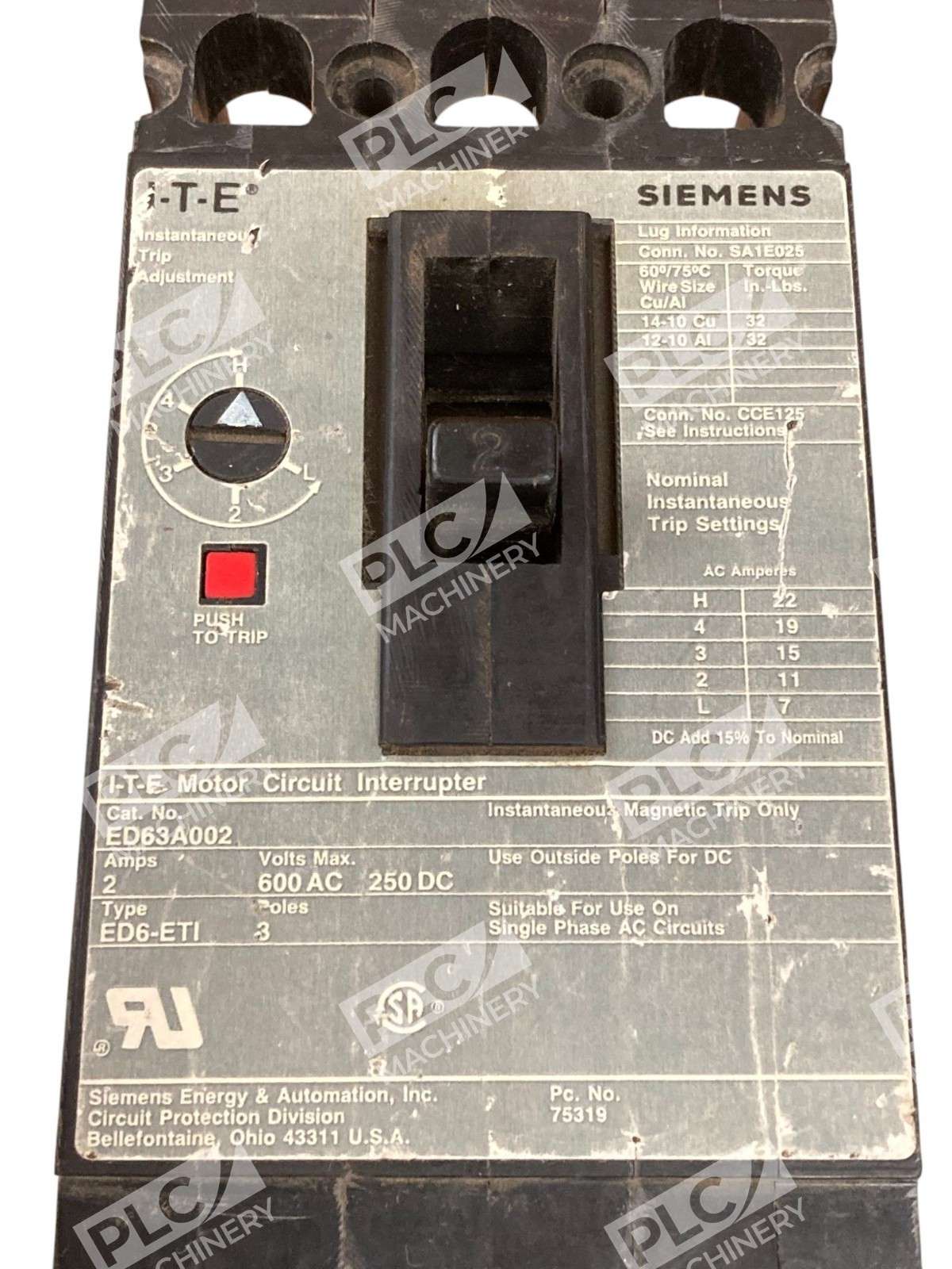Siemens ED63A002 I-T-E Motor Circuit Interrupter Type ED6-ETI