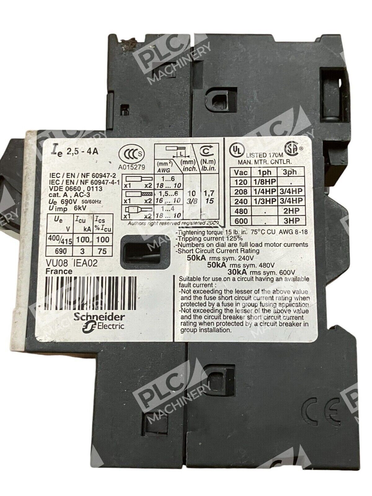 Telemecanique 2.5-4A Din Rail Mount Circuit Breaker GV2ME08 w/ GVAN11 - Image 2